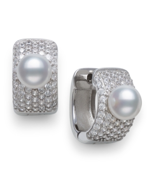 image of Cultured Freshwater Pearl 6-6.5mm and Cubic Zirconia Huggie Earrings in Sterling Silver