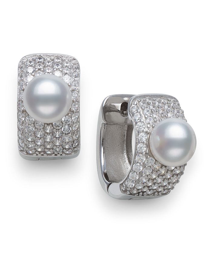 Macy's - Cultured Freshwater Pearl 6-6.5mm and Cubic Zirconia Huggie Earrings in Sterling Silver