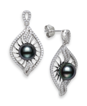 Cultured Black Tahitian Pearl 8-9mm and Cubic Zirconia Drop Earrings in Sterling Silver