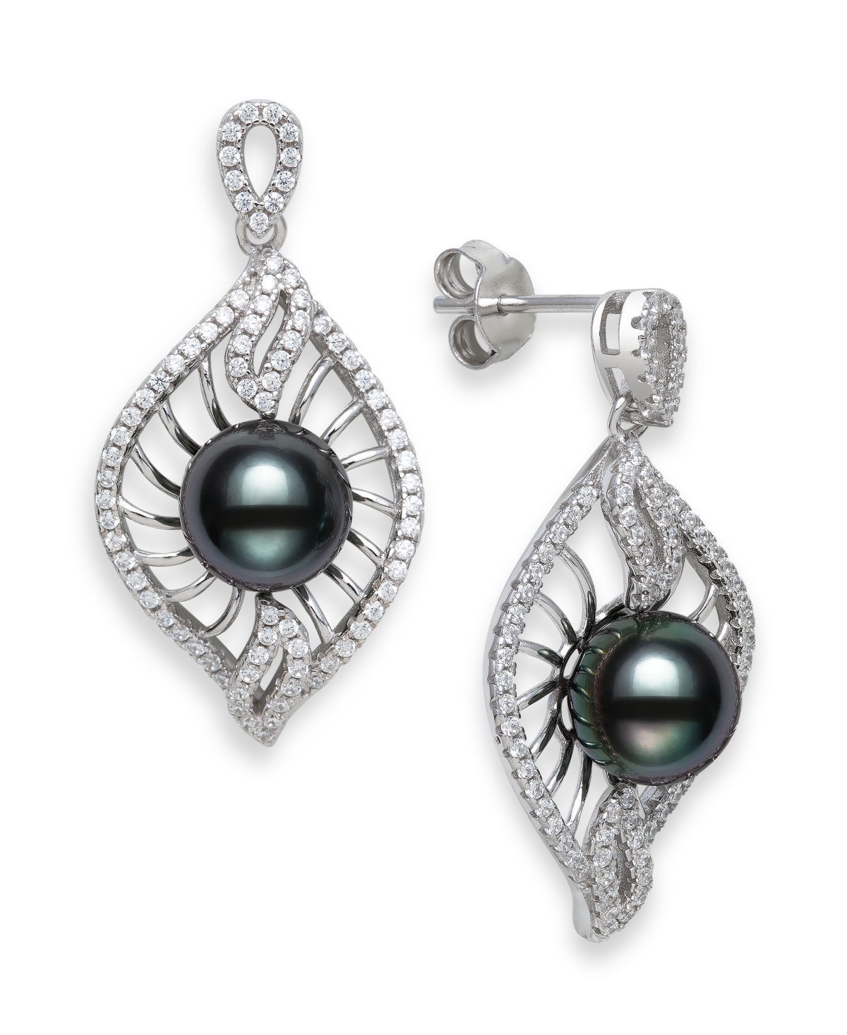 Macy's Cultured Black Tahitian Pearl 8-9mm and Cubic Zirconia Drop Earrings in Sterling Silver