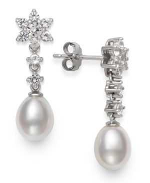 image of Cultured Freshwater Pearl 7-8mm and Cubic Zirconia Drop Earrings in Sterling Silver