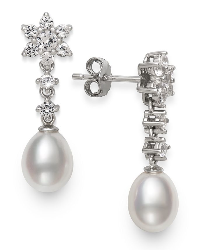Macy's Cultured Freshwater Pearl 7-8mm and Cubic Zirconia Drop Earrings ...