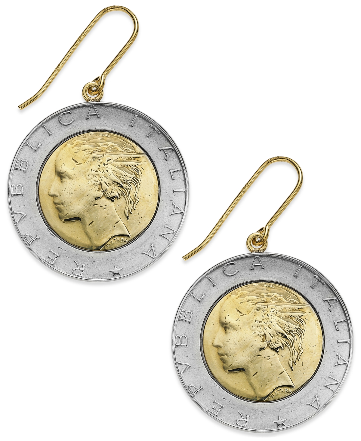 Vermeil and Sterling Silver Lira Coin Drop Earrings - Two-Tone
