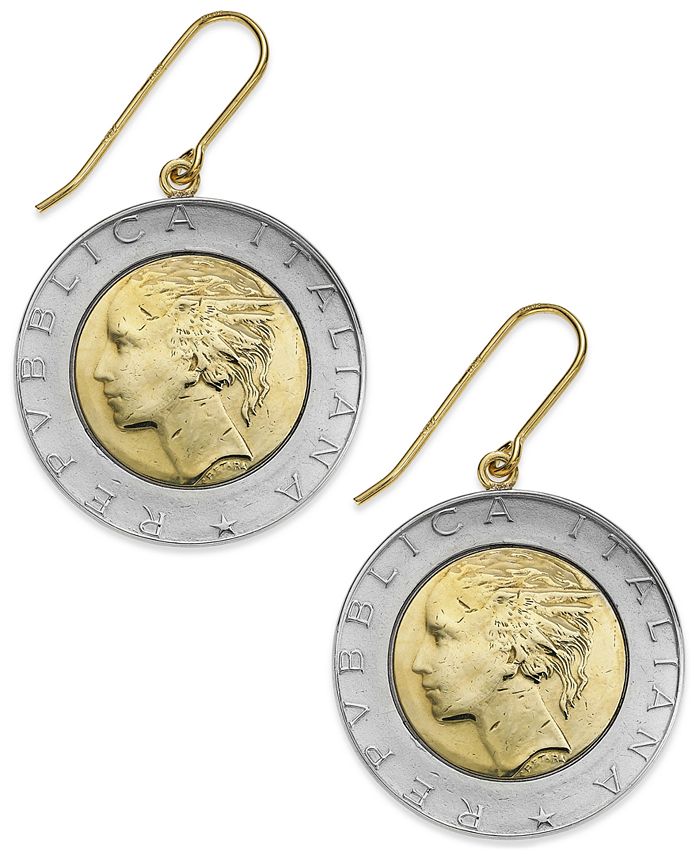 Italian Gold - Vermeil and Sterling Silver Lira Coin Drop Earrings