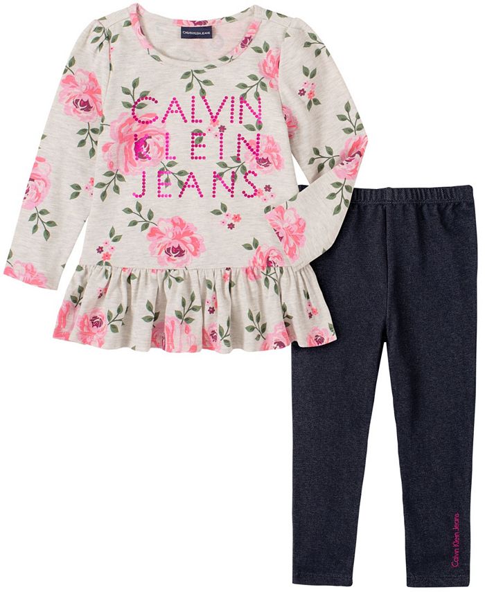 Calvin Klein Little Girl with Floral Print Tunic and Faux Knit Denim ...