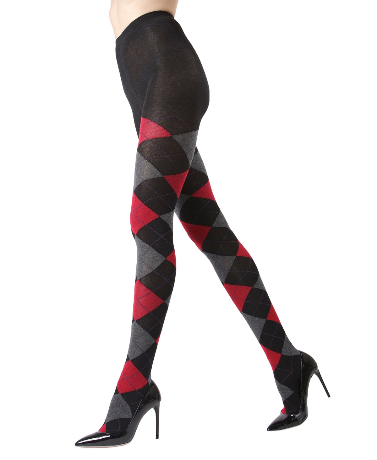 Memoi Argyle Sweater Tights In Black,red