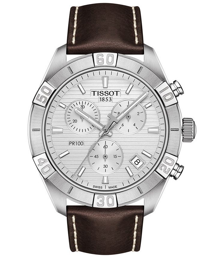 Tissot - Men's Swiss Chronograph PR 100 Sport Brown Leather Strap Watch 44mm