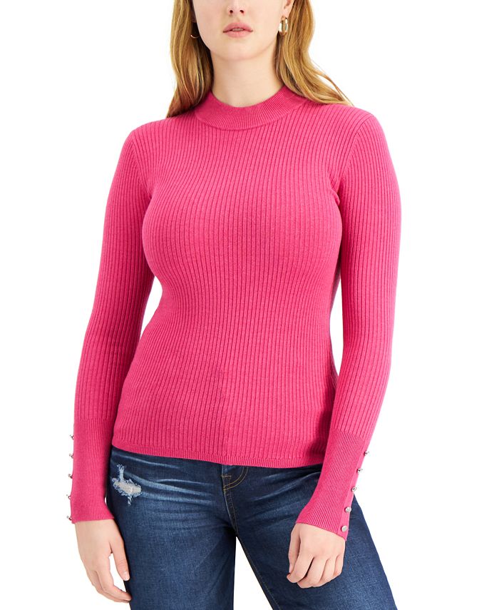 GUESS Brea Button-Cuff Ribbed Sweater - Macy's