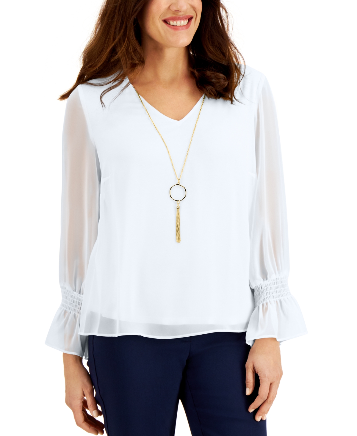 Petite Smocked-Sleeve Necklace Top, Created for Macy's - Deep Black
