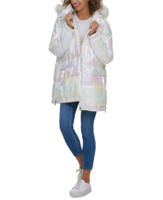 Calvin Klein Men's Metallic Puffer Parka With Faux Fur Trim Silver Size Medium