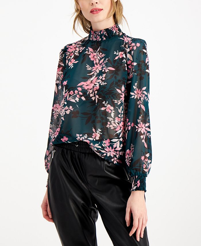 Bar III Floral-Print Mock-Neck Blouse, Created for Macy's - Macy's