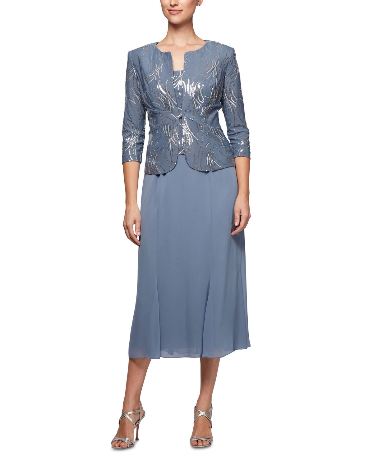 2-Pc. Embellished Jacket & A-Line Dress Set - Steel Blue