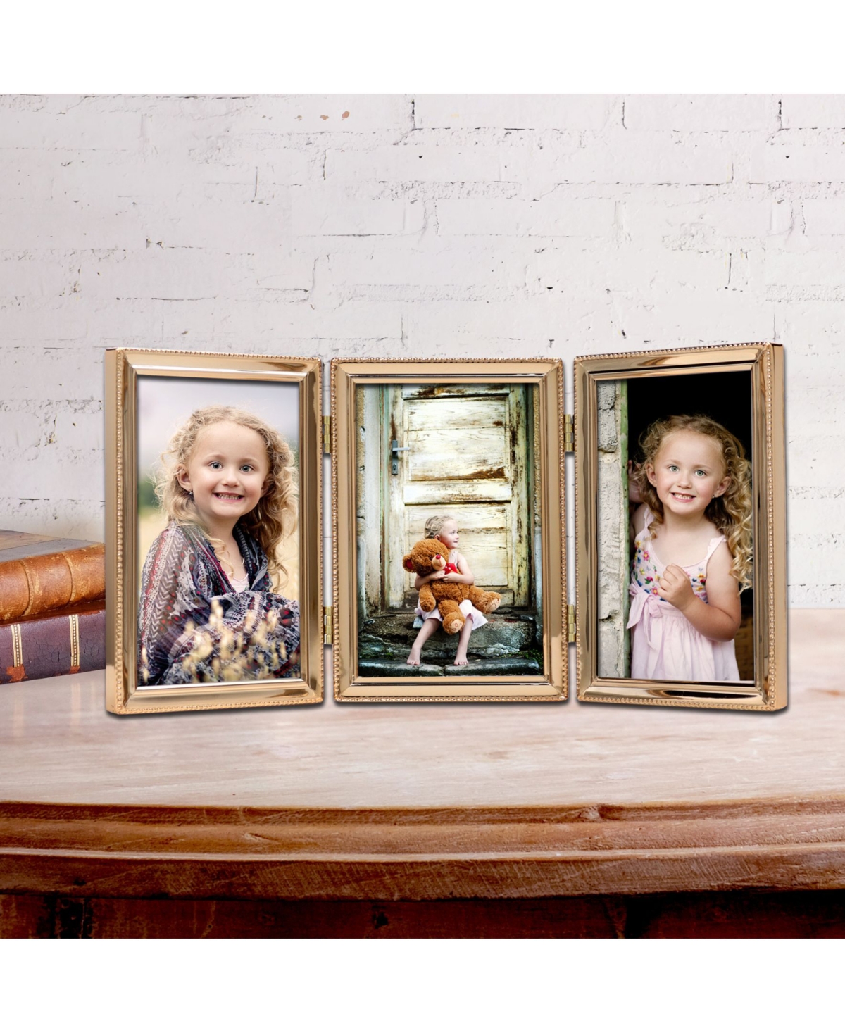 Polished Metal Hinged Triple Picture Frame - Bead Border Design, 4" x 6"