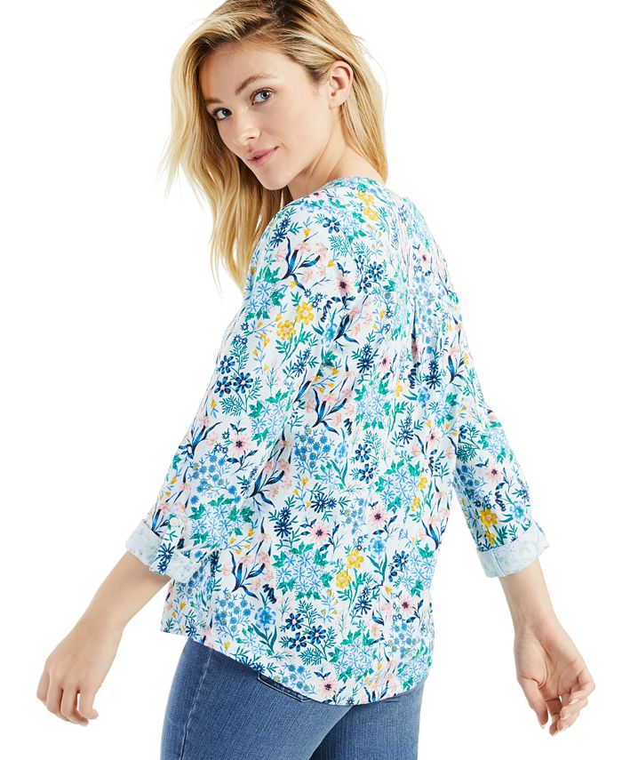 Style & Co Cotton Ditsy-Print Henley Top, Created for Macy's - Macy's