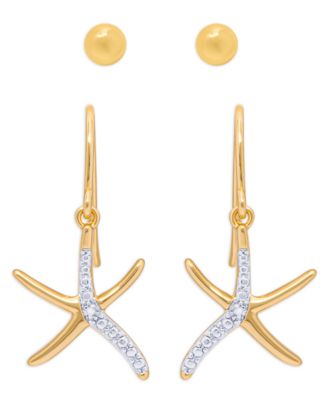 Diamond Accent Starfish Fishhook Ball  Gold Plate Or Silver Plate Stud Set