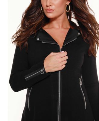 Black Label Women's Faux-Leather Collared Sweater Jacket
