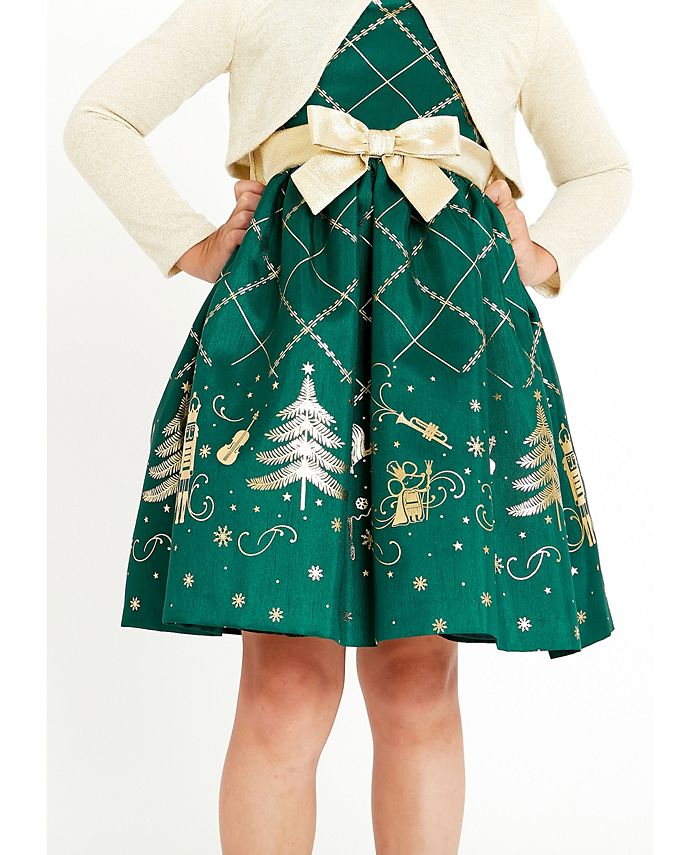 Bonnie Jean Toddler Girls Cardigan Over Nutcracker Motif Shantung Dress