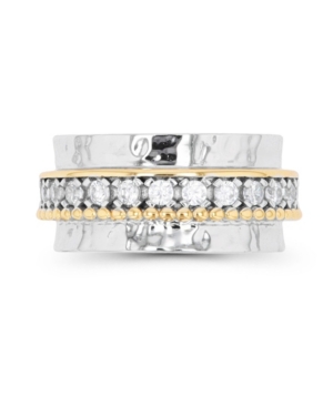Macy's Cubic Zirconia Two Tone Hammered Band Ring In Sterling Silver In White