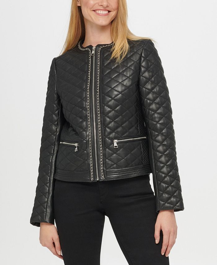 Karl Lagerfeld Paris Women's Quilted Chain Leather Jacket - Macy's