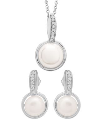 Macy's - Cultured Freshwater Pearl  (7-8mm) and Diamond (1/10 ct. t.w.) Box Set (Pendant & Earrings) in Sterling Silver