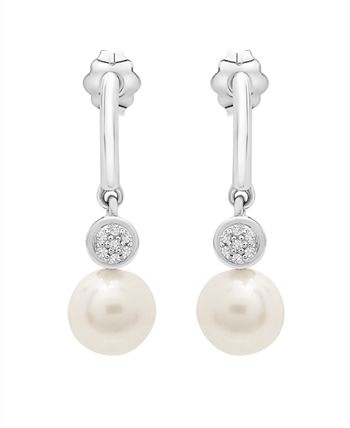Macy's - Cultured Freshwater Pearl (7mm) and Diamond (1/20 ct. t.w.) Earrings in Sterling Silver