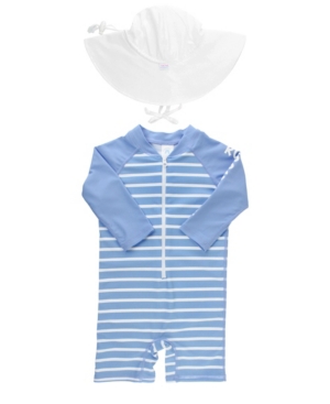 RuggedButts Baby Boys Stripe Rash Guard Bodysuit and Swim Hat Set
