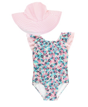RuffleButts Baby Girls Ruffle V-Back 1-Piece Swim Hat Set