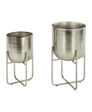 Rosemary Lane Contemporary Style Large Round Metallic Planters In Stands, Set Of 2 In Silver-tone