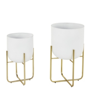 Contemporary Style Large Round Metallic Planters in Stands Set of 2