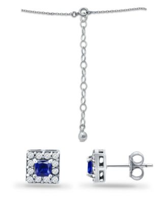 Simulated Blue Sapphire and Cubic Zirconia Halo Square Pendant and Earring Set, 3 Piece