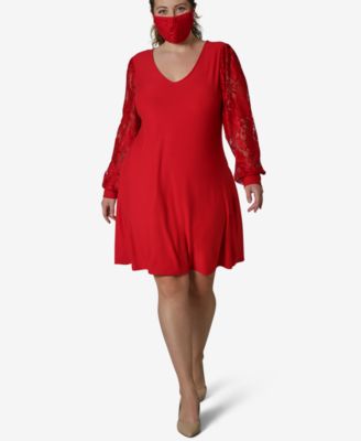 Ultra Flirt - Plus Trendy Lace-Sleeve Bodycon Dress & Face Mask