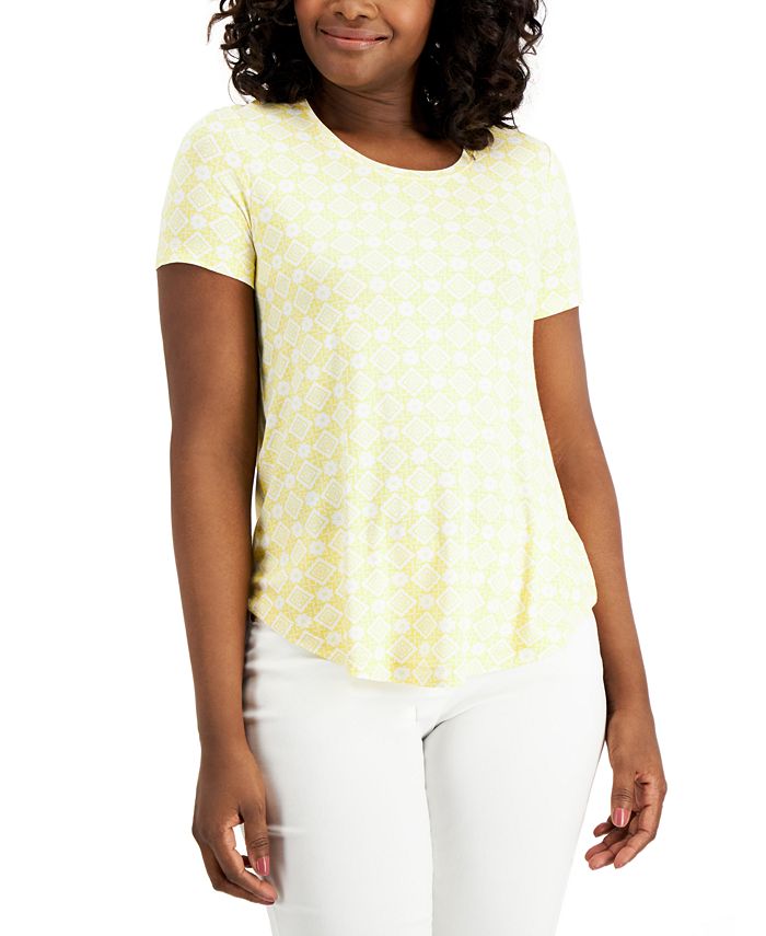 JM Collection Women's Printed Embellished Top Green Size Petite