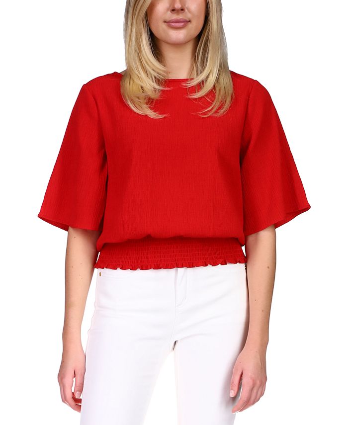 Michael Kors Smocked Elbow Sleeve Top Regular Petite Macy s