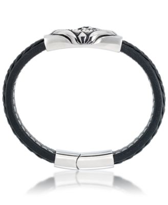 Men's Black Leather Skull Bracelet in Stainless Steel