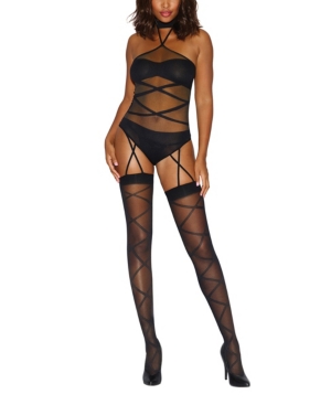 Dreamgirl Sheer Teddy Lingerie Body Stocking With Opaque Knit Details In Black