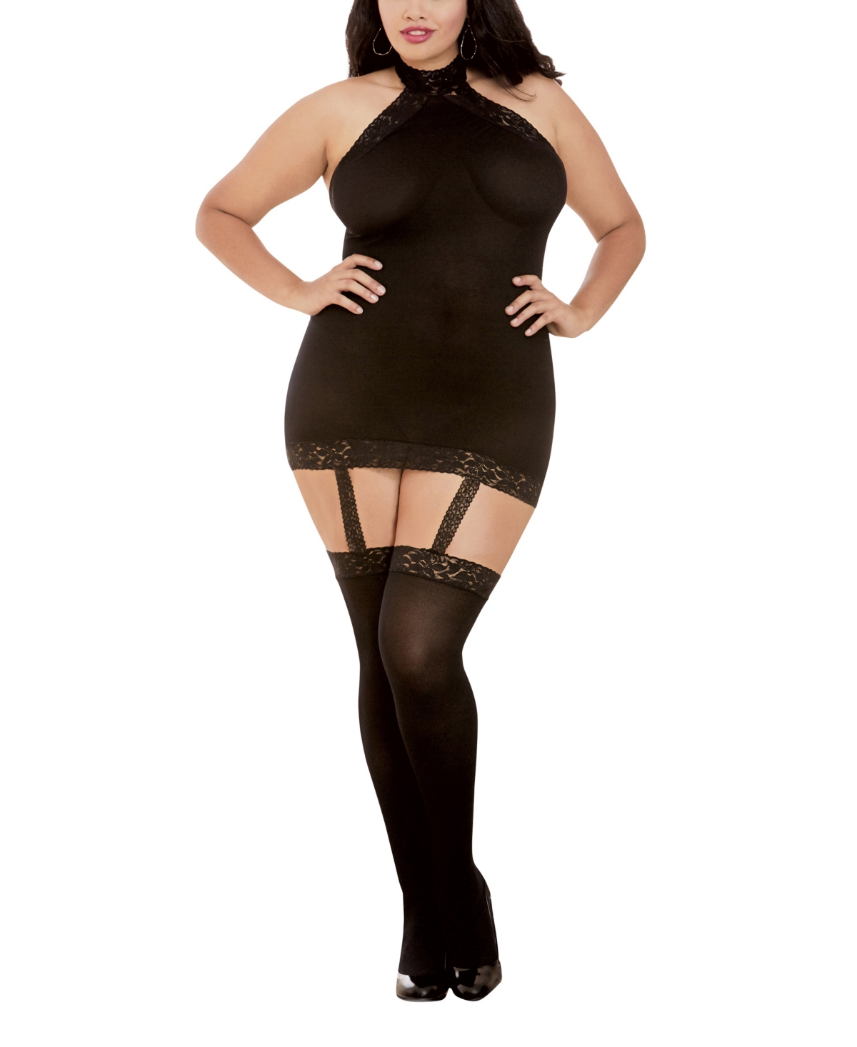 Dreamgirl Women S Plus Size Sheer Halter Garter Dress With Attached Garters And Stockings