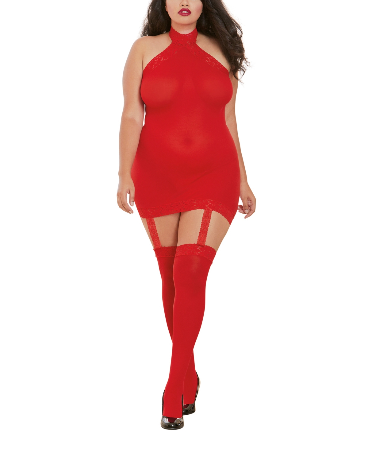 Women's Plus Size Sheer Halter Garter Dress with Attached Garters and Stockings Lingerie Set - Red