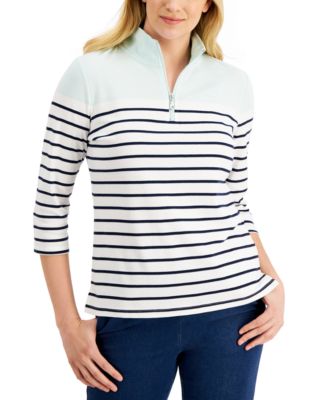 Karen Scott - 3/4-Sleeve Stripe Zip-Neck Top, Created for Macy's