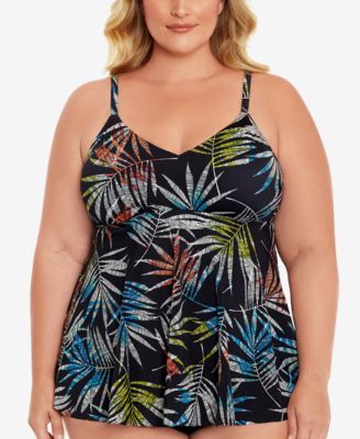 Swim Solutions - Plus Size Pacifica Palm V-Neck Tankini Top