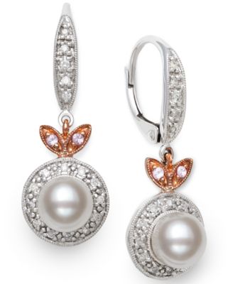 Macy's - Cultured Freshwater Pearl (6mm) & Diamond (1/6 ct. t.w.) in 14k White & Rose Gold