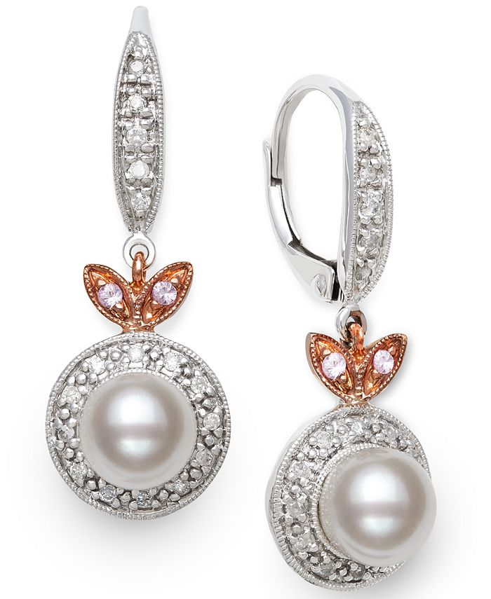 Macy's - Cultured Freshwater Pearl (6mm) & Diamond (1/6 ct. t.w.) in 14k White & Rose Gold
