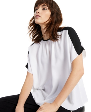 Alfani Gathered-crewneck Contrast-trim Top, Created For Macy's In Black White Combo
