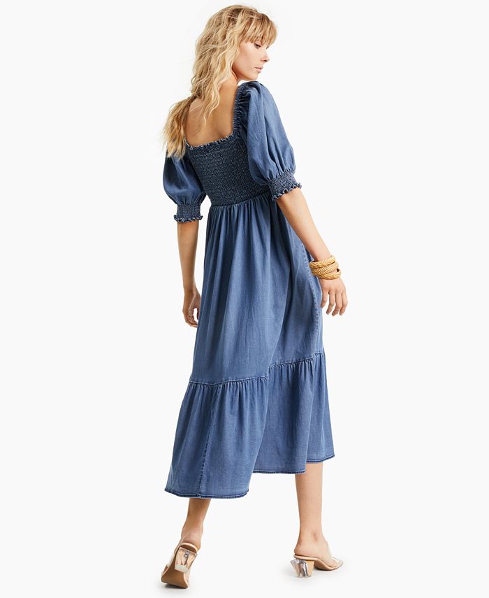 INC International Concepts Puff-Sleeve Denim Maxi Dress, Created for ...