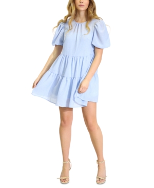 Kit & Sky Puff-sleeve Ruffle-hem Babydoll Dress In Light Blue