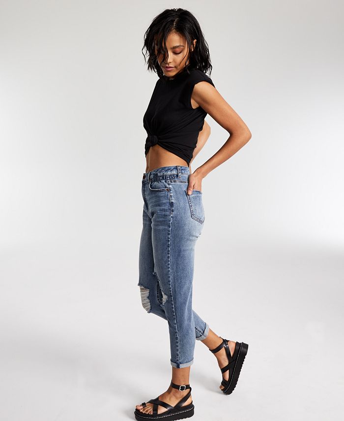 Vanilla Star Juniors' Destructed Cinched Waist Mom Jeans Macy's