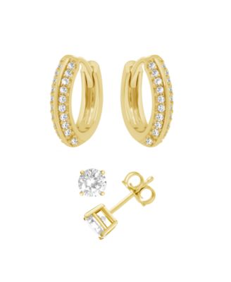 Essentials - Cubic Zirconia Round Stud & Cubic Zirconia Pave Huggie Hoop in Gold Plate