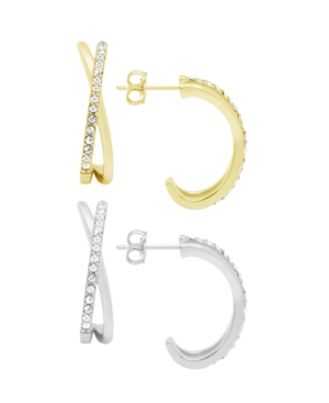 Shop Essentials Clear Crystal Criss Cross Hoop Set In Silver Plate And Gold Plate In Two Tone