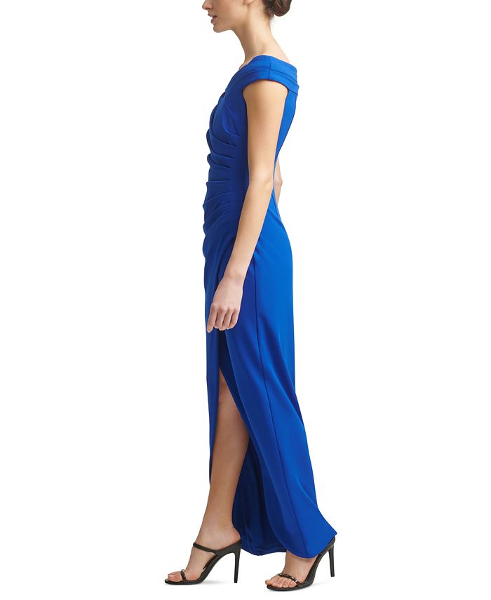 calvin klein off the shoulder ruched gown