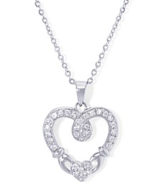 Cubic Zirconia Claddagh Heart Pendant 18" Necklace in Silver Plate