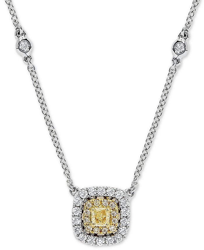 EFFY Collection - Yellow & White Diamond Halo 18" Pendant Necklace (5/8 ct. t.w.) in 18k Gold & 18k White Gold